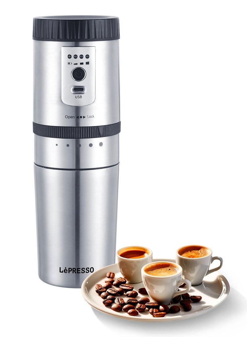 LePRESSO Portable Espresso Maker, Mini Grinding & Coffee Maker, Adjustable Grinding Size, Electric Burr Coffee Grinder, Stainless Steel Blades, Mini Espresso Maker for Travel, Home, Office - Silver - Image 1